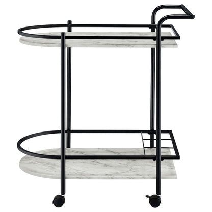 2-Tier Faux Marble Shelf Metal Bar Cart in Black with Rolling Wheels and Handle