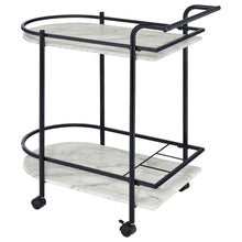 2-Tier Faux Marble Shelf Metal Bar Cart in Black with Rolling Wheels and Handle