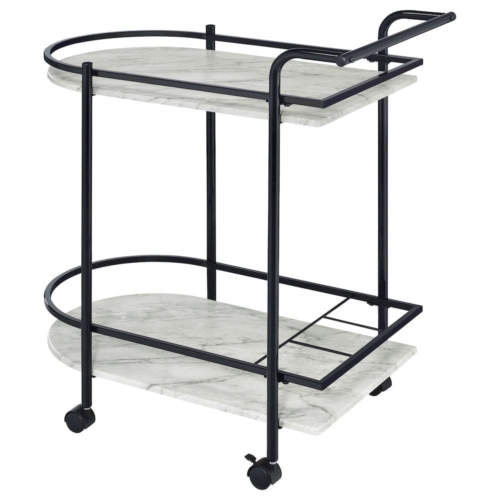 2-Tier Faux Marble Shelf Metal Bar Cart in Black with Rolling Wheels and Handle