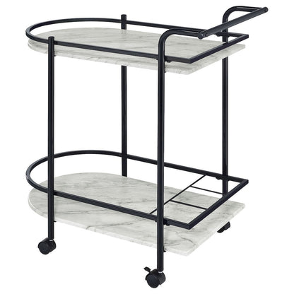 2-Tier Faux Marble Shelf Metal Bar Cart in Black with Rolling Wheels and Handle