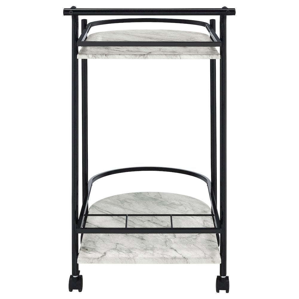 2-Tier Faux Marble Shelf Metal Bar Cart in Black with Rolling Wheels and Handle