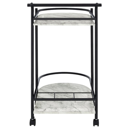 2-Tier Faux Marble Shelf Metal Bar Cart in Black with Rolling Wheels and Handle