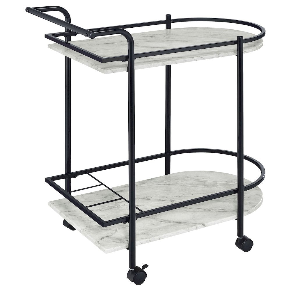 2-Tier Faux Marble Shelf Metal Bar Cart in Black with Rolling Wheels and Handle