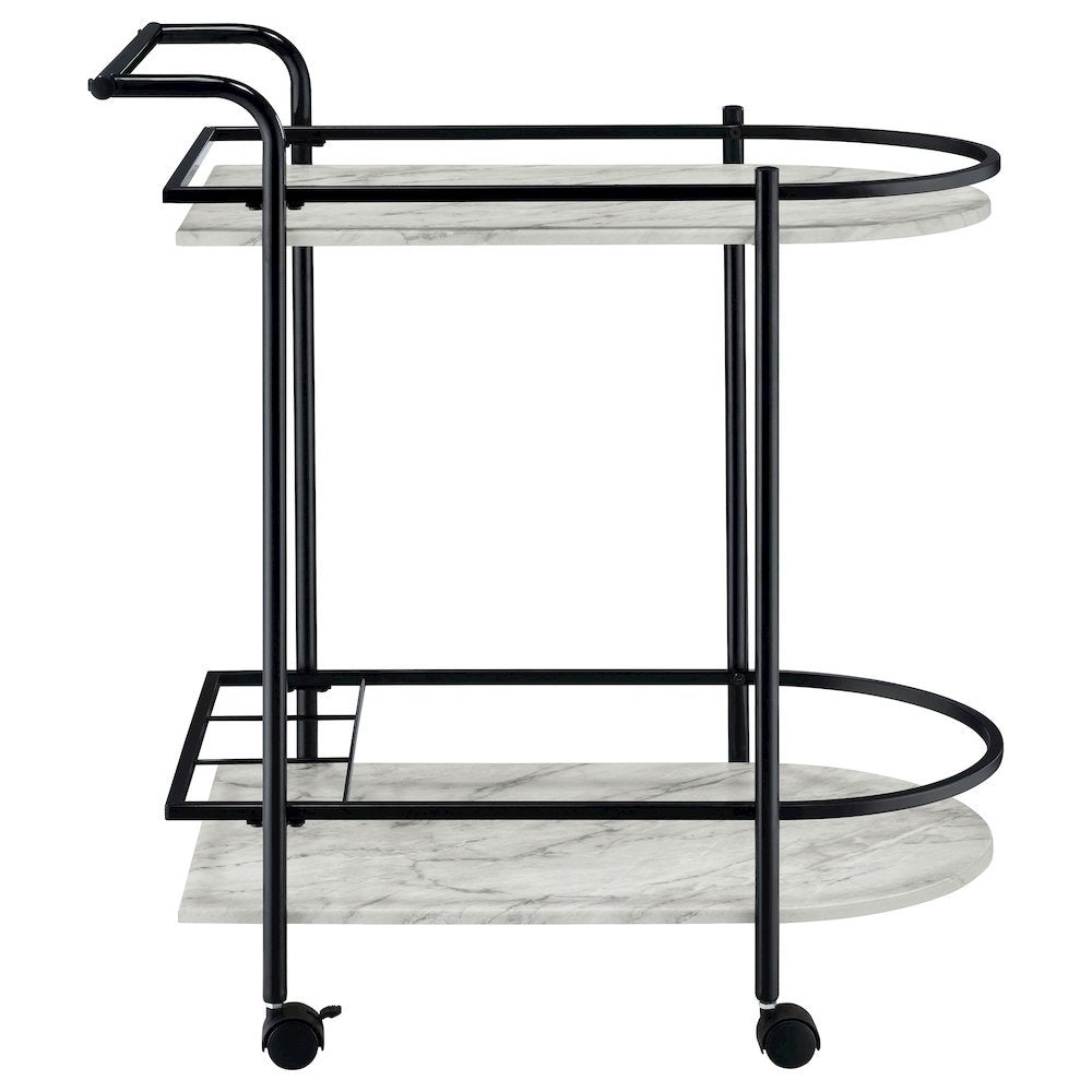 2-Tier Faux Marble Shelf Metal Bar Cart in Black with Rolling Wheels and Handle