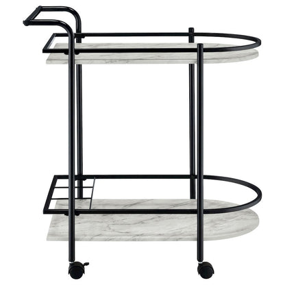 2-Tier Faux Marble Shelf Metal Bar Cart in Black with Rolling Wheels and Handle