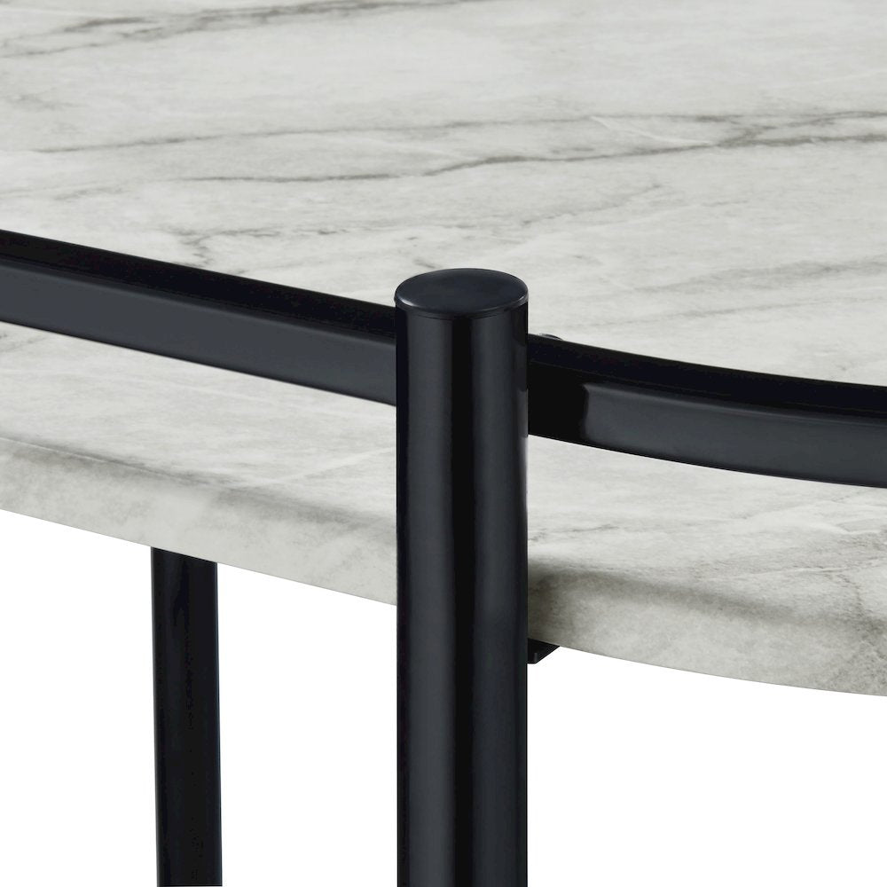 2-Tier Faux Marble Shelf Metal Bar Cart in Black with Rolling Wheels and Handle