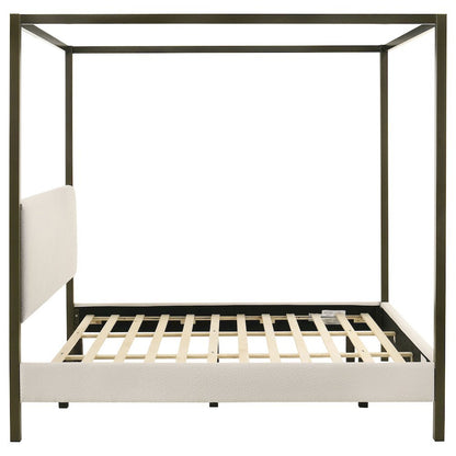 Eastern King Size Canopy Bed Frame with Upholstered Panels in Vanilla Finish