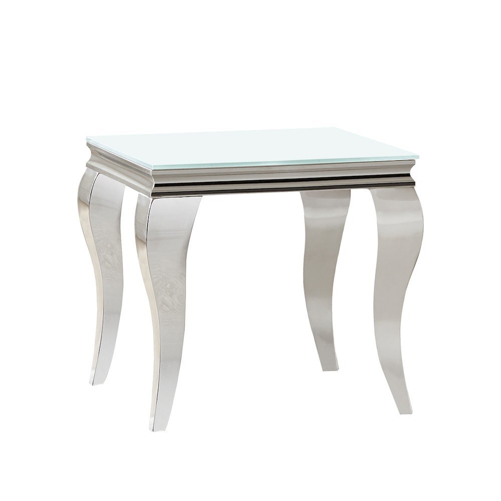 Square End Table, White Beveled Glass Top, Chrome Metal Base, Modern Flair