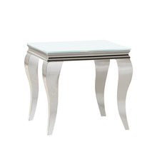 Square End Table, White Beveled Glass Top, Chrome Metal Base, Modern Flair