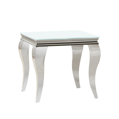 Square End Table, White Beveled Glass Top, Chrome Metal Base, Modern Flair