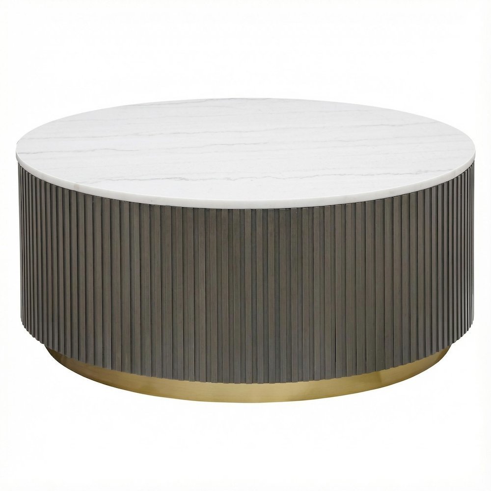 Round White Marble Top Coffee Table, Charcoal Wood Finish Contemporary Design