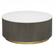 Round White Marble Top Coffee Table, Charcoal Wood Finish Contemporary Design