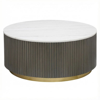 Round White Marble Top Coffee Table, Charcoal Wood Finish Contemporary Design