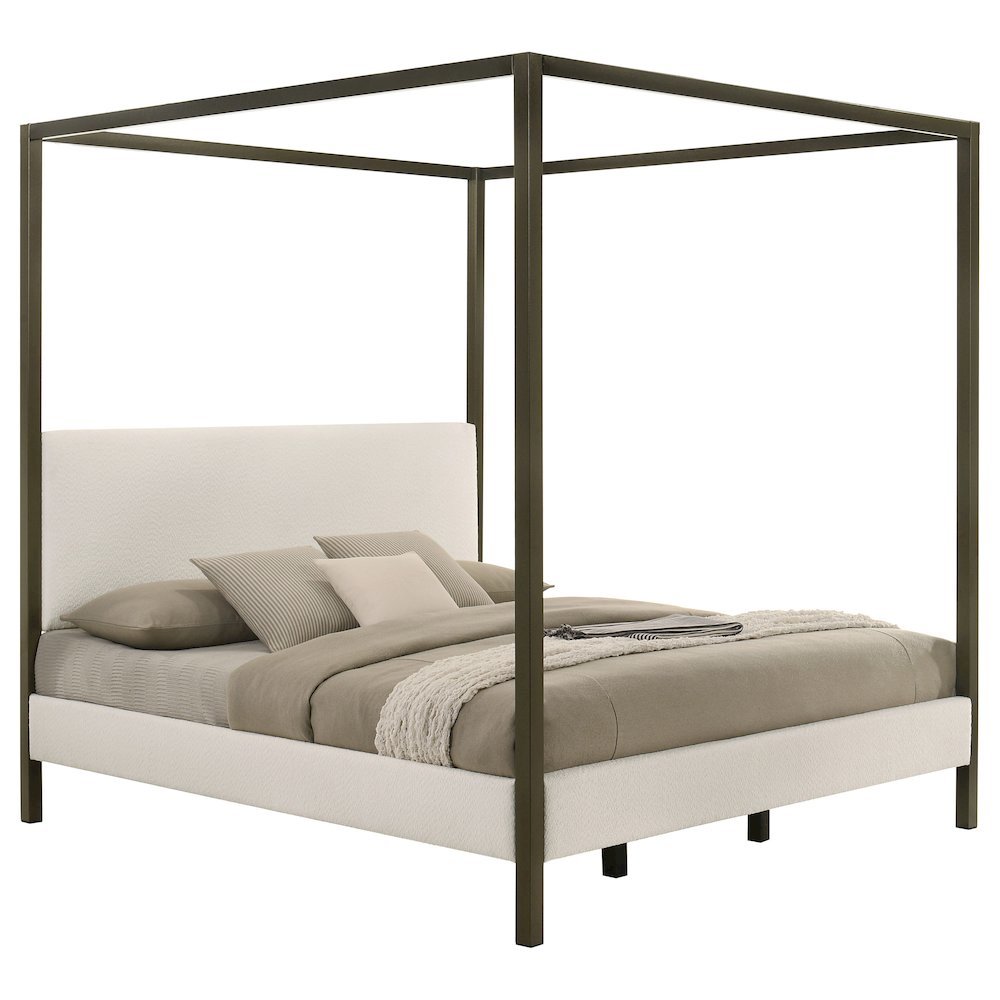 Eastern King Size Canopy Bed Frame with Upholstered Panels in Vanilla Finish