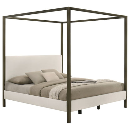 Eastern King Size Canopy Bed Frame with Upholstered Panels in Vanilla Finish