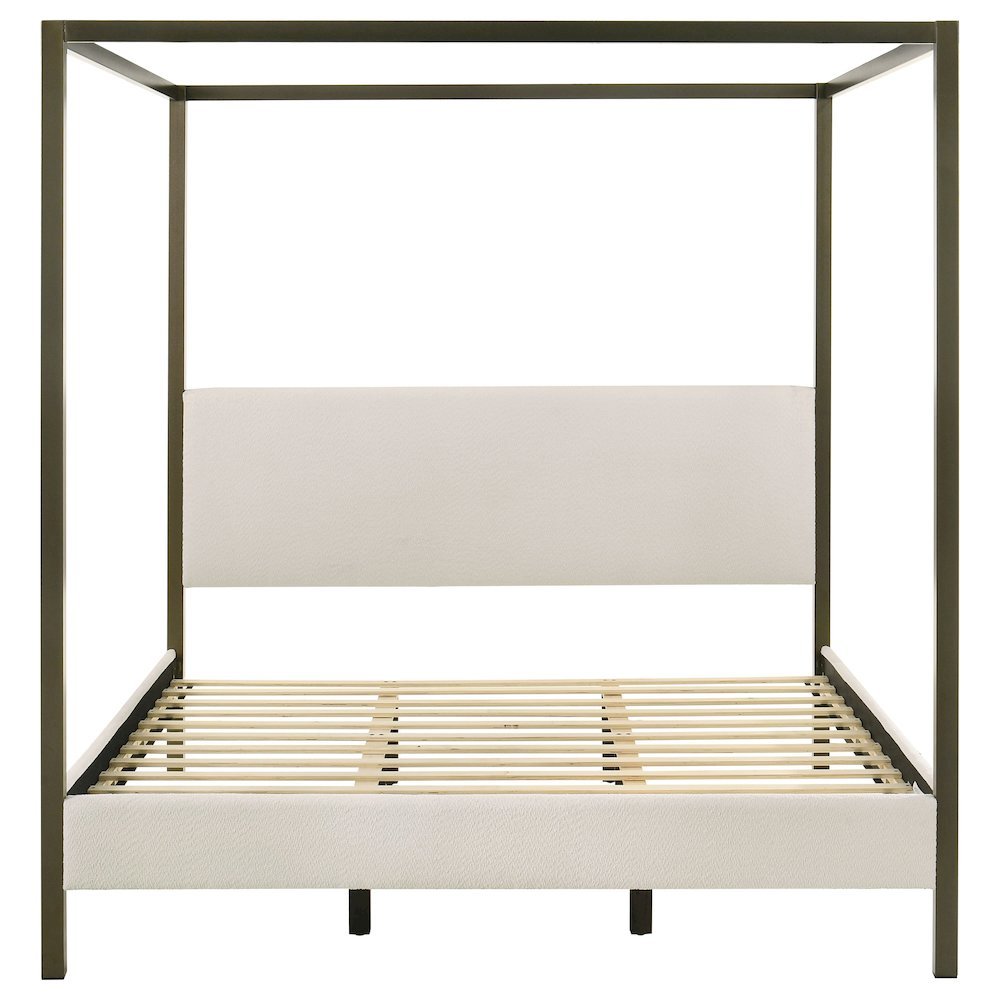 Eastern King Size Canopy Bed Frame with Upholstered Panels in Vanilla Finish