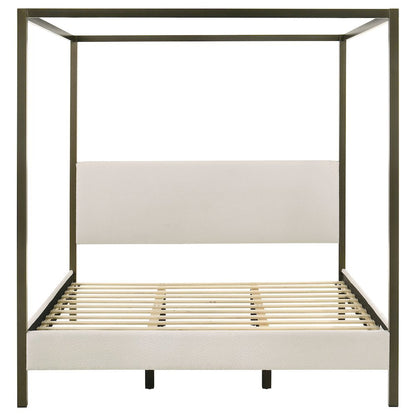 Eastern King Size Canopy Bed Frame with Upholstered Panels in Vanilla Finish