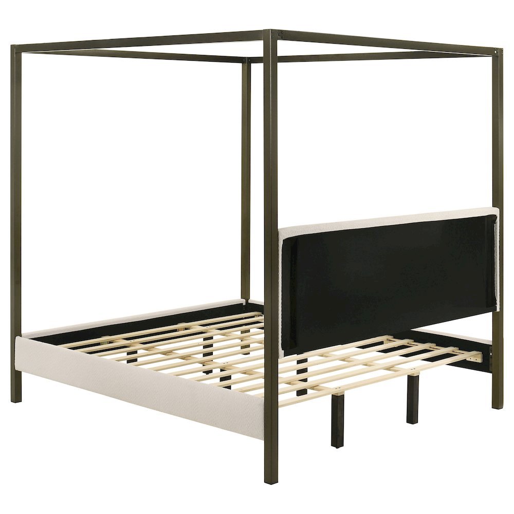 Eastern King Size Canopy Bed Frame with Upholstered Panels in Vanilla Finish