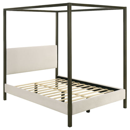 Queen Size Canopy Bed Frame with Upholstered Panels in Vanilla Finish