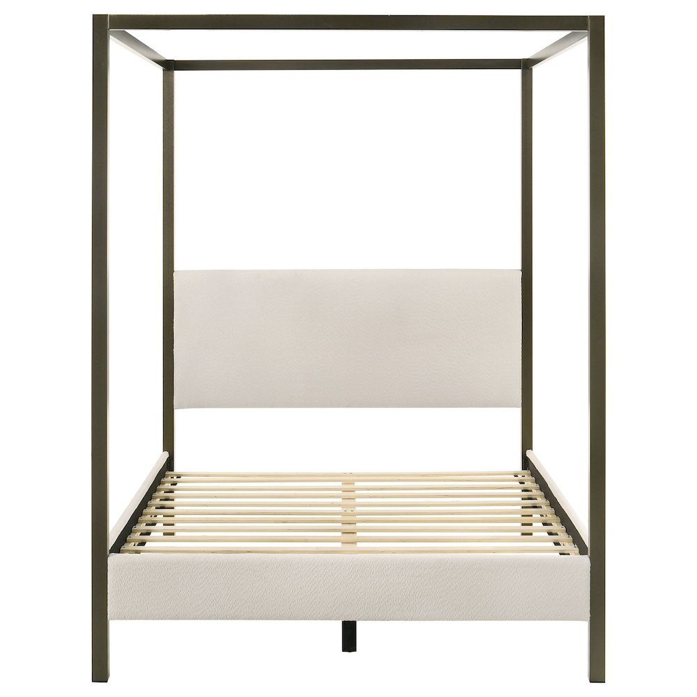 Queen Size Canopy Bed Frame with Upholstered Panels in Vanilla Finish