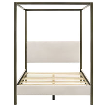 Queen Size Canopy Bed Frame with Upholstered Panels in Vanilla Finish