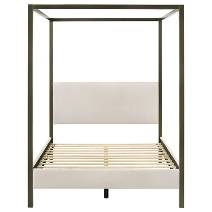 Queen Size Canopy Bed Frame with Upholstered Panels in Vanilla Finish
