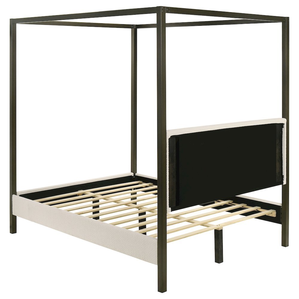 Queen Size Canopy Bed Frame with Upholstered Panels in Vanilla Finish