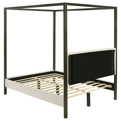 Queen Size Canopy Bed Frame with Upholstered Panels in Vanilla Finish