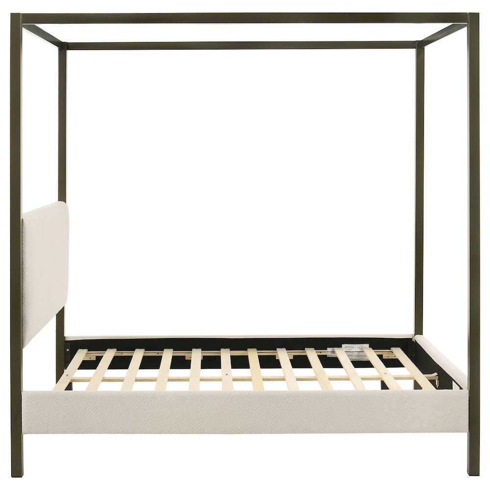 Queen Size Canopy Bed Frame with Upholstered Panels in Vanilla Finish