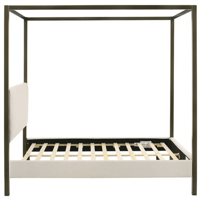 Queen Size Canopy Bed Frame with Upholstered Panels in Vanilla Finish