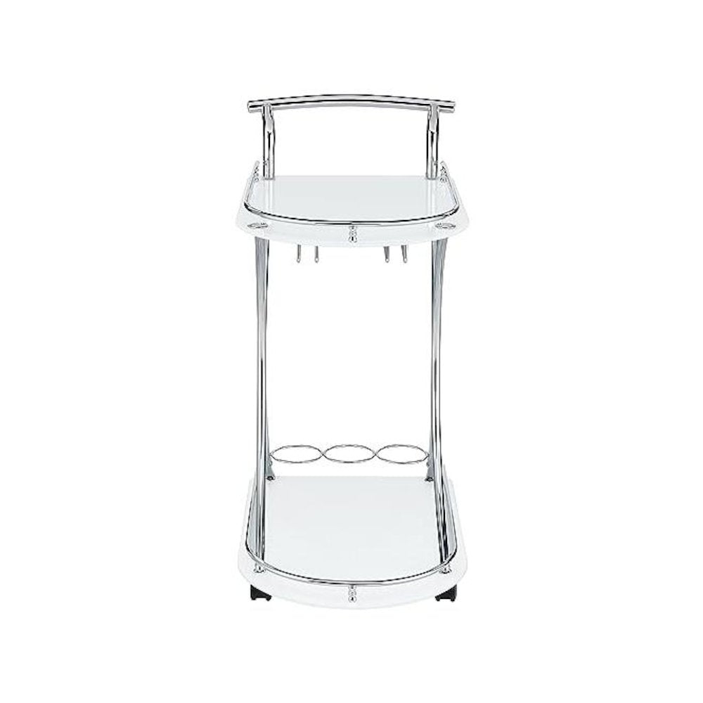 Modern 2-Shelf Bar Cart with Chrome Frame and White Glass for Home