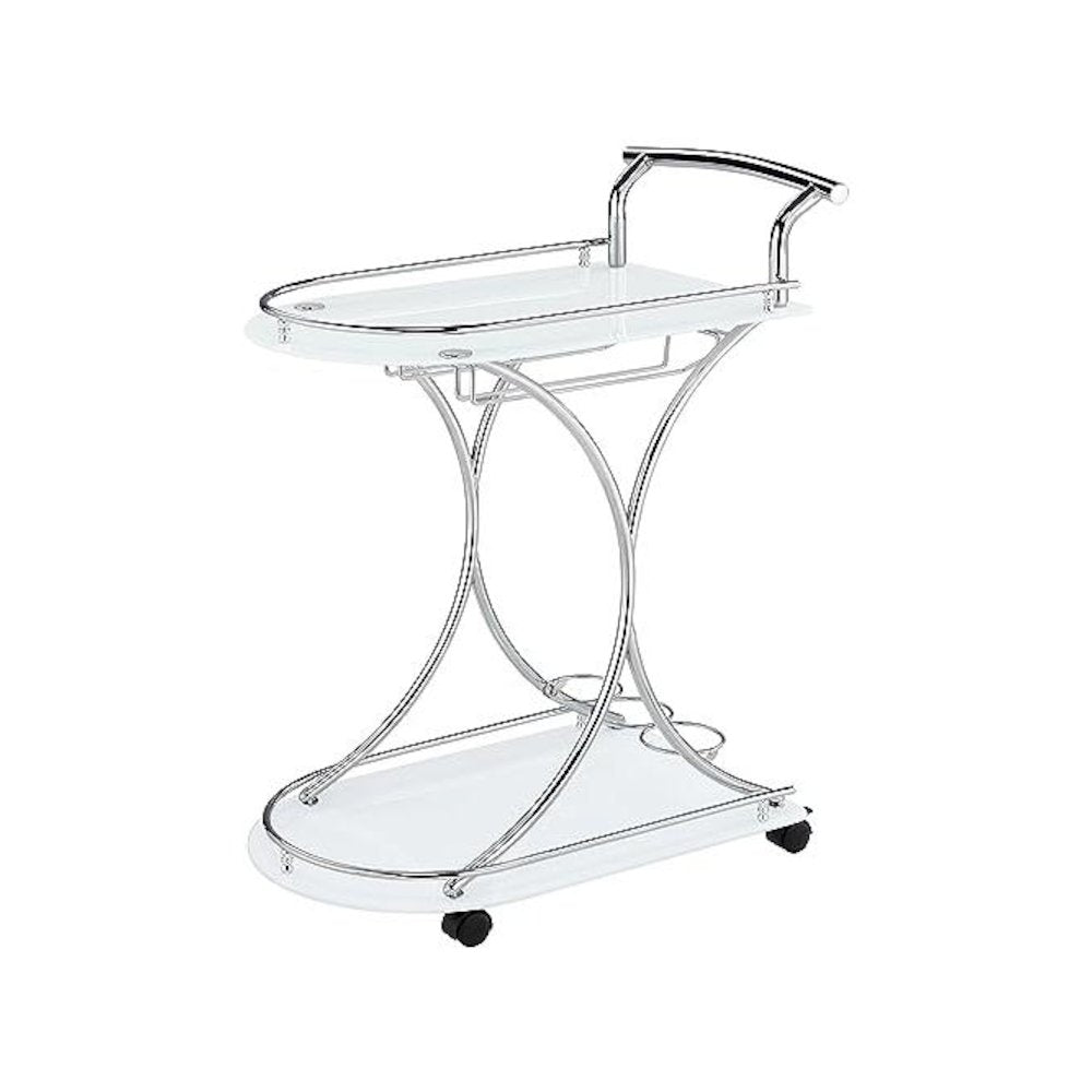 Modern 2-Shelf Bar Cart with Chrome Frame and White Glass for Home