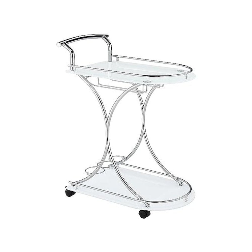 Modern 2-Shelf Bar Cart with Chrome Frame and White Glass for Home