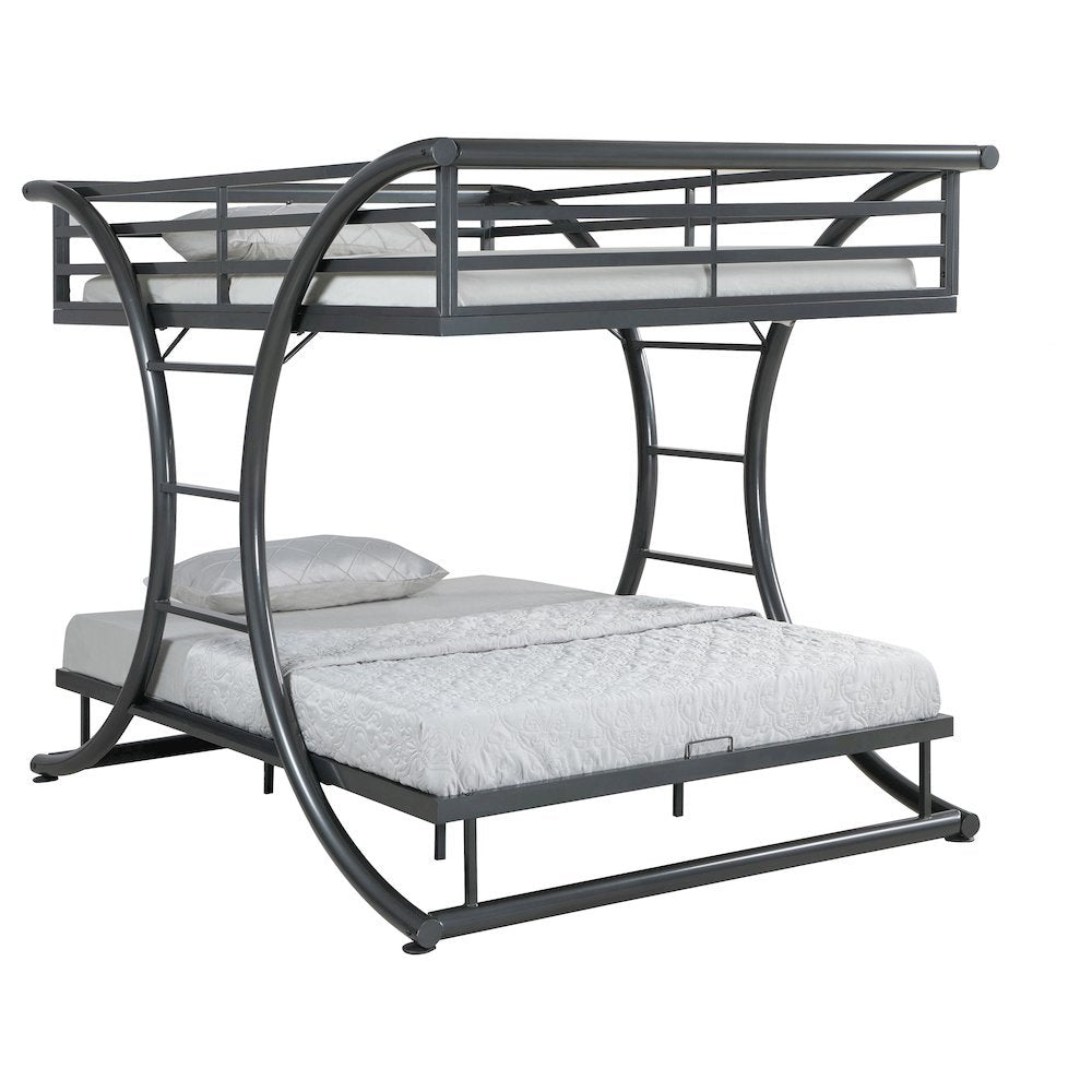 Heavy Duty Steel Bunk Bed Full Over Full Size, Built-in Ladders, Gunmetal Finish