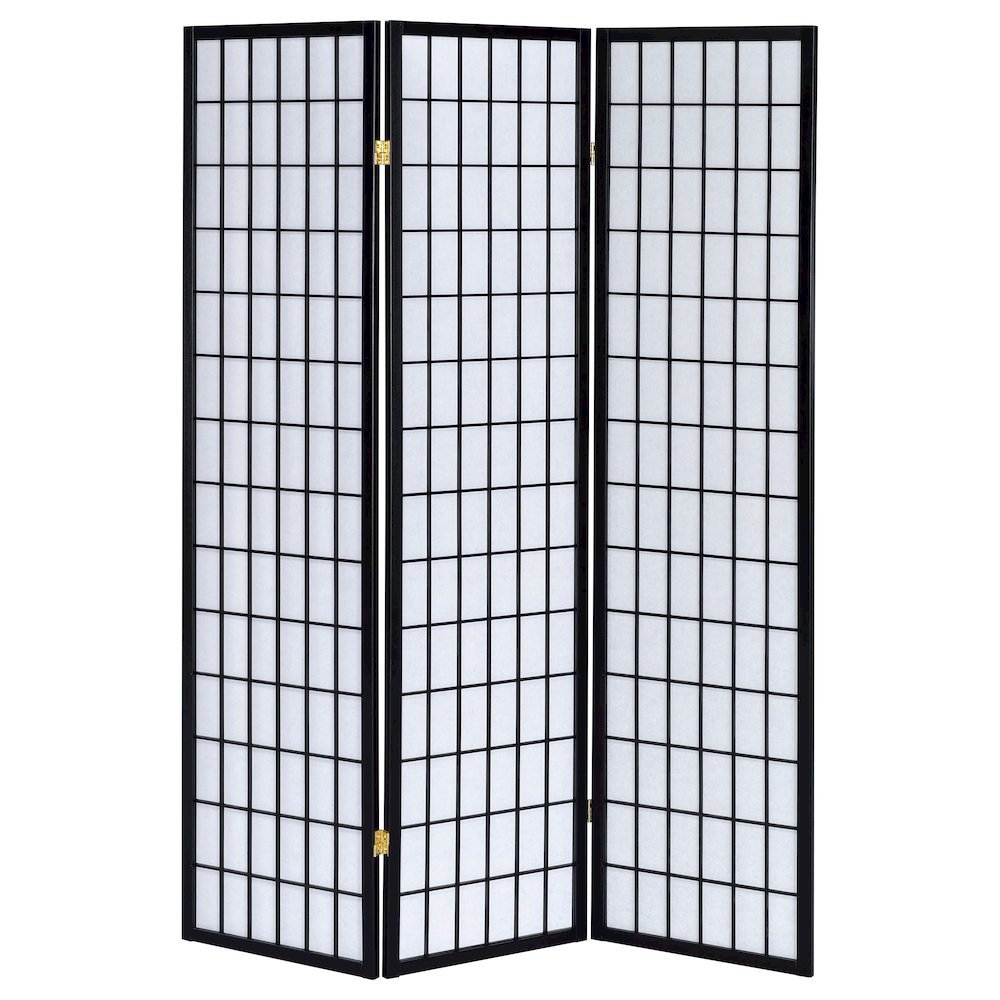 Wood Folding Shoji Screen 3-Panel, Black Finish, Privacy Partition