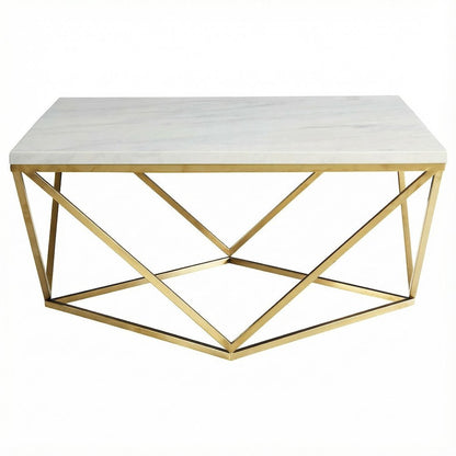 Square White Faux Marble Coffee Table with Gold Legs and Contemporary Design