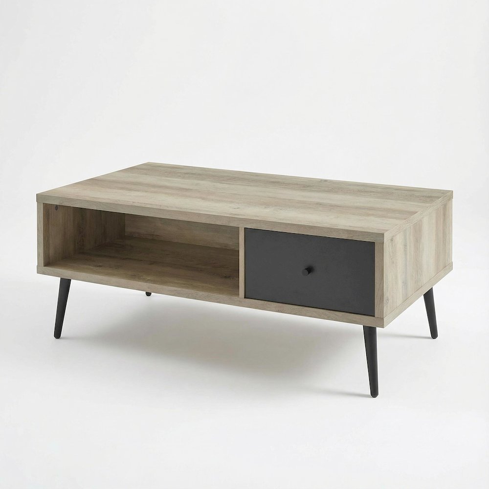 Antique Pine Coffee Table with 1 Drawer Rectangular Grey Finish Mid-Century