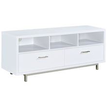 Modern White TV Stand 60 Inch, Engineered Wood, Two Drawers, Chrome Metal Base.