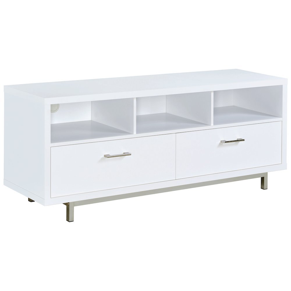 Modern White TV Stand 60 Inch, Engineered Wood, Two Drawers, Chrome Metal Base.