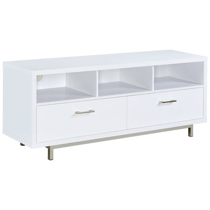 Modern White TV Stand 60 Inch, Engineered Wood, Two Drawers, Chrome Metal Base.