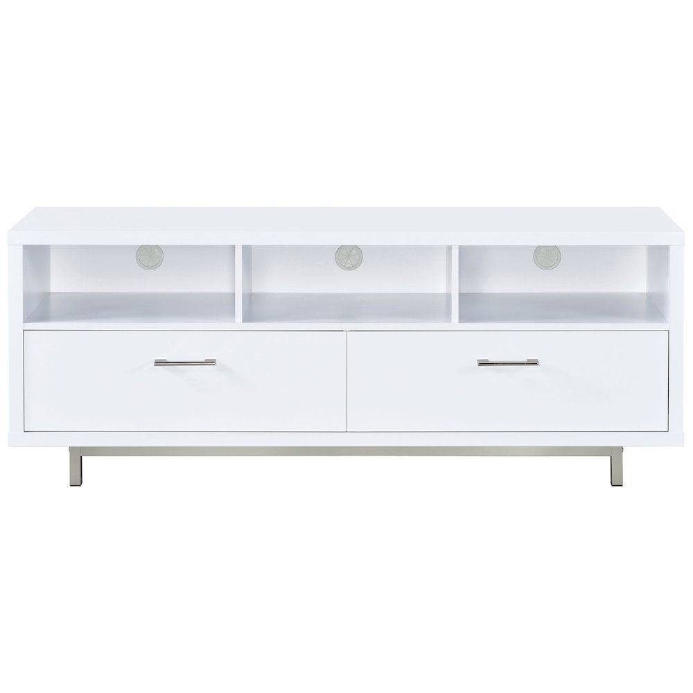 Modern White TV Stand 60 Inch, Engineered Wood, Two Drawers, Chrome Metal Base.