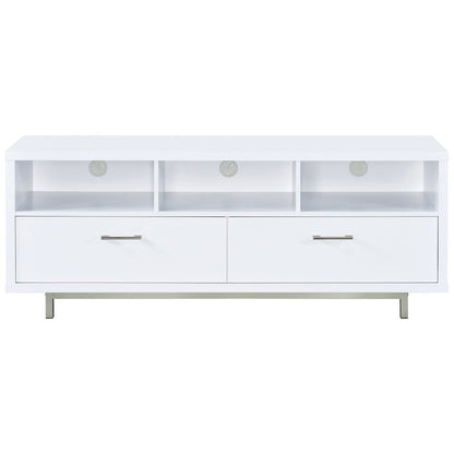 Modern White TV Stand 60 Inch, Engineered Wood, Two Drawers, Chrome Metal Base.