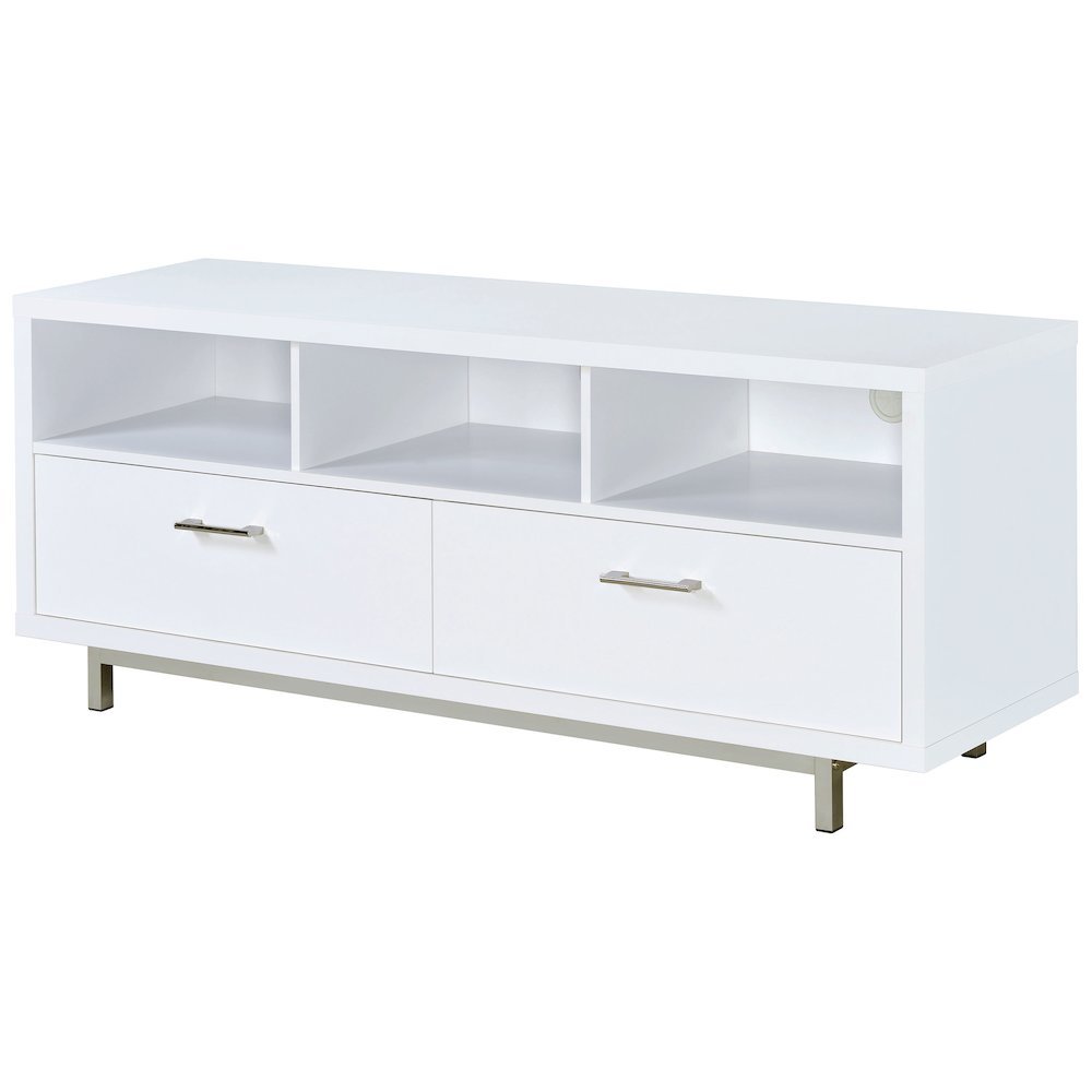 Modern White TV Stand 60 Inch, Engineered Wood, Two Drawers, Chrome Metal Base.