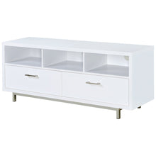 Modern White TV Stand 60 Inch, Engineered Wood, Two Drawers, Chrome Metal Base.