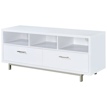 Modern White TV Stand 60 Inch, Engineered Wood, Two Drawers, Chrome Metal Base.
