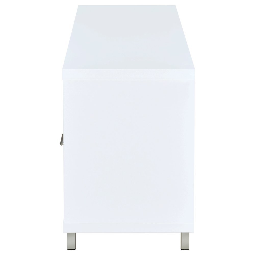 Modern White TV Stand 60 Inch, Engineered Wood, Two Drawers, Chrome Metal Base.