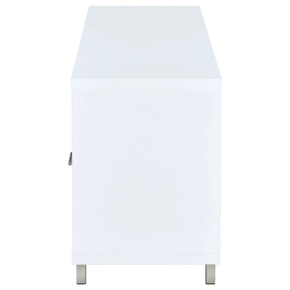Modern White TV Stand 60 Inch, Engineered Wood, Two Drawers, Chrome Metal Base.