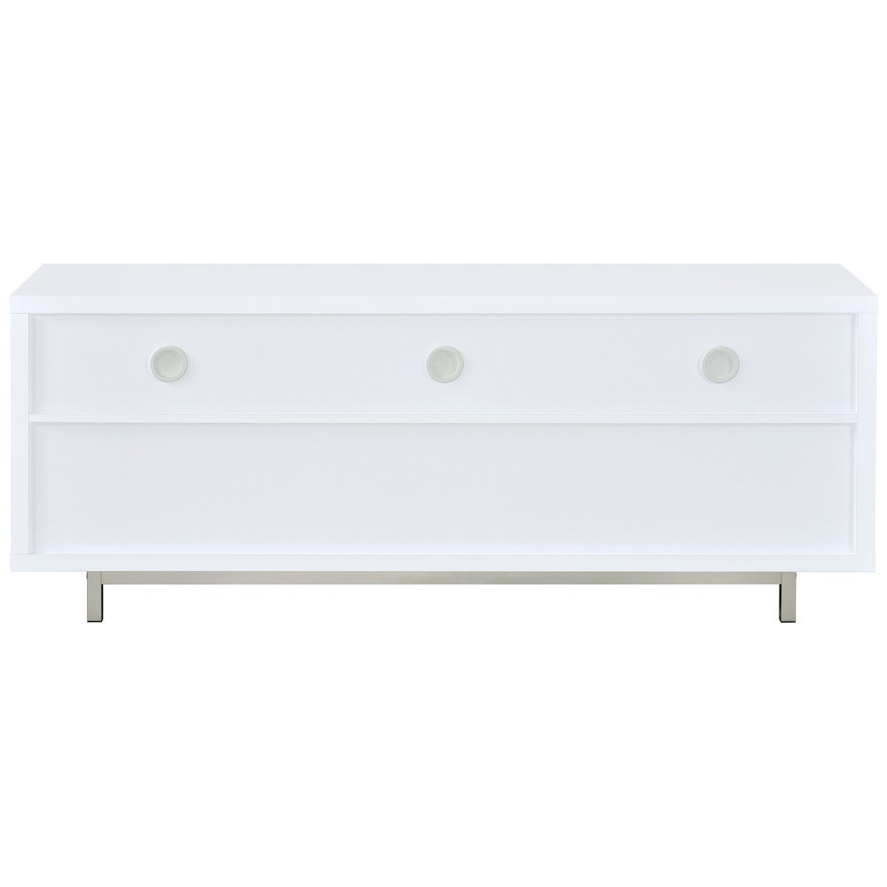 Modern White TV Stand 60 Inch, Engineered Wood, Two Drawers, Chrome Metal Base.