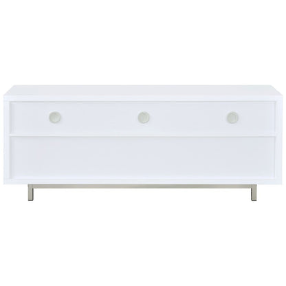 Modern White TV Stand 60 Inch, Engineered Wood, Two Drawers, Chrome Metal Base.