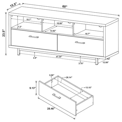 Modern White TV Stand 60 Inch, Engineered Wood, Two Drawers, Chrome Metal Base.
